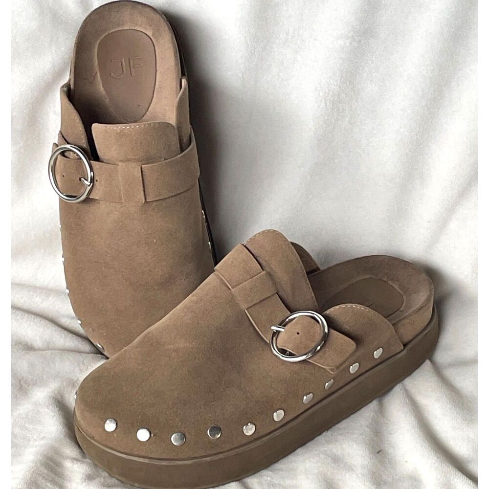 JF Odetta Taupe Platform Clogs Women's 6.5 EU 37 Faux Suede Buckle Mules